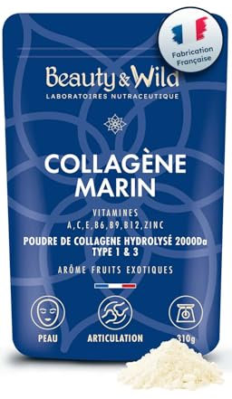 Beauty&Wild, Collagène Marin, 6g, Poudre collagène type 1 et 3 - Arôme fruits exotiques, Peptides Hydrolysés 2000 DA, Beauté et Sport, Peau Hydratée & Articulations Souples, 310g