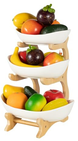 Chynalys 3 Tiered Ceramic Large Fruit Bowl With Natural Wooden Bamboo Stand - White Basket for Kitchen, Fruits, Vegetables, Snacks, Desserts