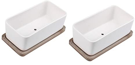 POPETPOP 2sätze Keramik Blumentopf Mit Untersetzer Rechteckiger Sukkulenten Pflanzer Für Bonsai Und Kleine Pflanzen Weißes Keramik-Set Für Balkon Garten Und Büro