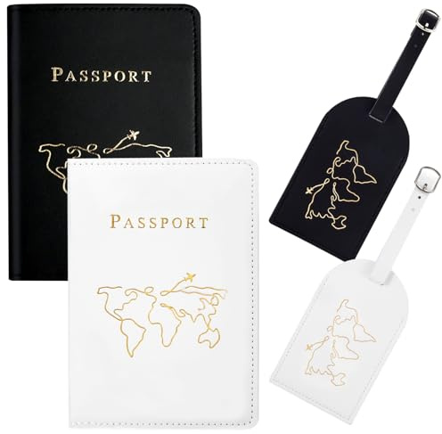 Custodie per Passaporto e Etichette Valigie, 2 Pezzi Porta Passaporto da Viaggio in Pelle PU e 2 Pezzi Etichette per Bagagli per Donna Uomo (Nero+Bianco)