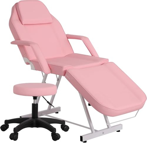 JINPALAY Camilla Masaje Plegable con Taburete 3 Zonas Cama de Masaje Profesional Fisioterapia Ajustable Reposabrazos Reposacabezas para SPA, Tatuaje, Facial, Pedicure Therapy (Rosa)
