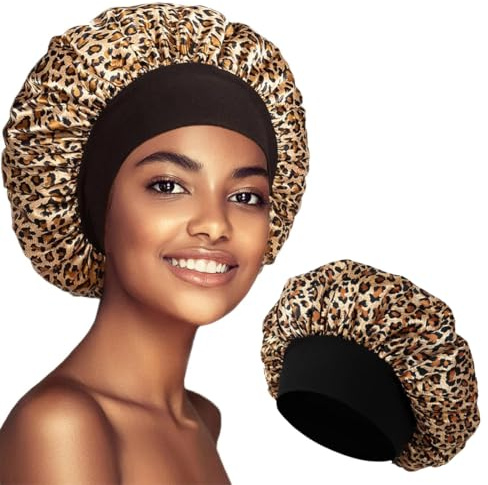 XYTAHDM Seidenhaube, Atmungsaktive Satin Schlafmütze, Seidenhaarwickel, Silk Bonnet Haarhaube, Weiche und Bequeme Satin-Schlafmütze (Leopard)