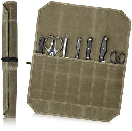 UESDU Knife Bags for Chefs, Chef Knife Bag with 7 Slots Heavy Waxed Knife Roll Bag for Traveling Camping Hiking Kitchen Knifes Roll Bag(Knives Not Included)
