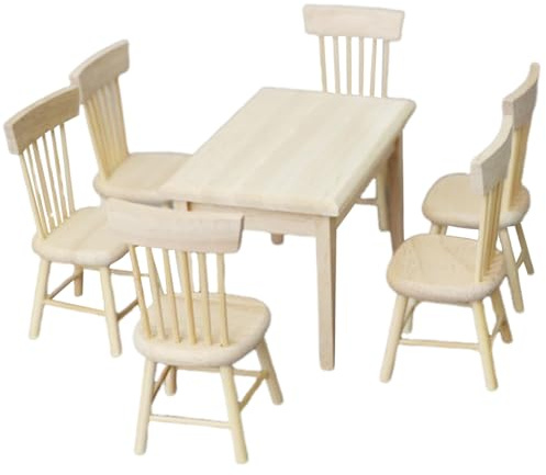 Puppenhaustisch und Puppenhausstuhl-Set, Maßstab 1:12, Puppenhausmöbel aus Holz, DIY-freundliche, realistische Puppenhausminiaturen für Küche, Esszimmer, Puppenhausmöbel, Puppenhausschreibtisch