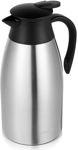 WYHVAND Thermoskanne 2 l aus Edelstahl, Isolierkanne, Silber | Hält lange warm oder kalt, staub- und auslaufsicherer Deckel, Einhandbedienung per Druckknopf, ideal für Zuhause und Büro