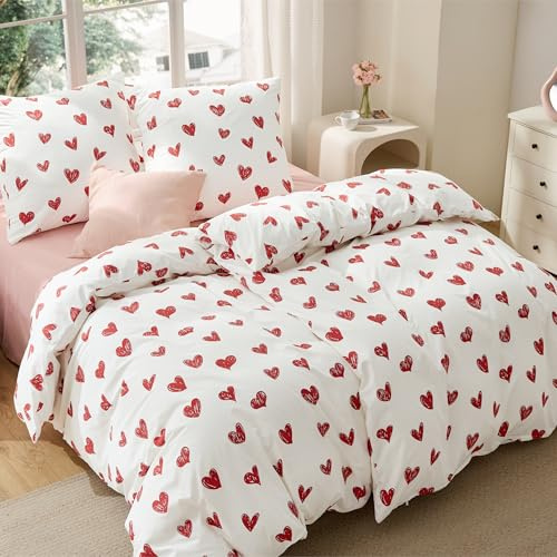 BEDSURE Bettwäsche 135x200 4teilig Mikrofaser - Herzen, 2x80x80 Kissen | Bettwäsche-Sets Weiß Clean Girl Bettbezug, Oeko-TEX Bedding mit Reißverschluss, Extra Weich & Atmungsaktiv