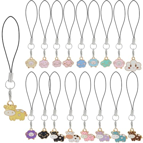 DICOSMETIC 18 Stück Handy Handgelenkriemen Niedliche Handy Anhänger 18 Stile Schaf Kuh Anhänger Schlüsselband Kawaii Handy Anhänger Tier Handy Anhänger Zubehör