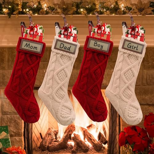 AlaTyche Christmas Stockings Set of 4,Large 46cm Knitted Personalized Xmas Stockings,Fireplace Hanging Stockings for Family Holiday Christmas Party Decor (Burgundy Red and White)