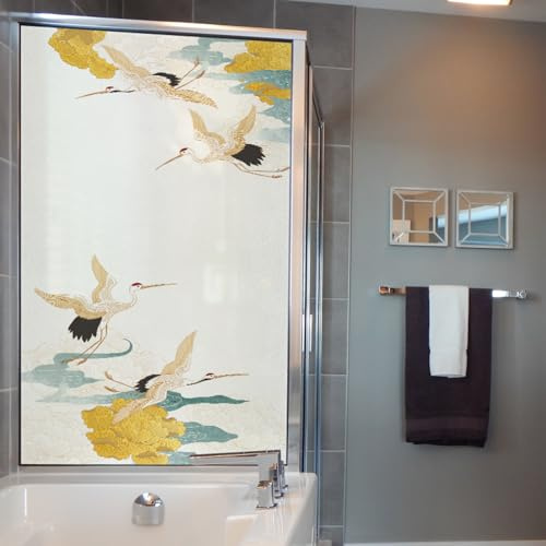 Film Opaque Vitrage Peony Jaune Chinois Film Opaque Fenetre Anti Regard Electrostatique Pas De Colle Brise Vue Fenetre pour Salle de Bain Bureau Cuisine 60x116 cm/4 pcs