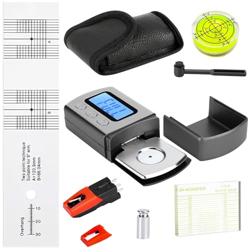 6 stycken justeringsset för skivspelare, USB-skivspelare nålset, med digital tonarmvåg, azimut, trollslända och överhäng stencil, ersättningsnål, för skivspelarens tonarm