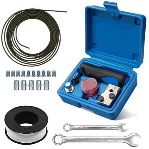 11tlg Bremsleitung Bördelgerät für DIN Bördelungen, mit 4,75 mm Bremsleitungs Bördelgerät-Satz, 10 Schraubverbindungen + 5 Anschlüsse + PTFE Dichtungsband für Brems- Bzw Hydraulikleitungen Verwendet