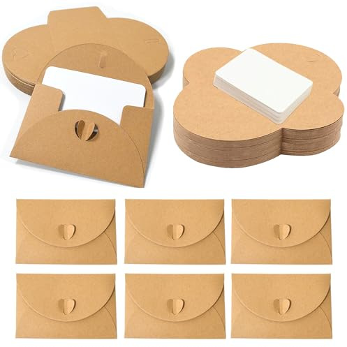 Zorplex 60 Mini Sobres de Papel Kraft con 60 Tarjetas en Blanco, Sobres con Cierre de Corazón, Ideales para Tarjetas de Regalo, DIY, Invitaciones y Fiestas(60)