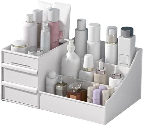 Peosaard Organizer per trucchi piccolo, piccolo organizer per trucchi, PP con cassetti, contenitore per cosmetici di capacità, supporto per trucco per lozioni rossetto bianco, contenitore