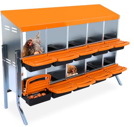 Hühner Legenester 10 Abteile, Metall Rollnestkasten Hühnernest mit Auffangschale & Lüftungsgitter, Hühnerstall Eiersammelboxen mit Standbeine, Stabiler, Korrosionsbeständiger, 133.5*52*95cm, Orange