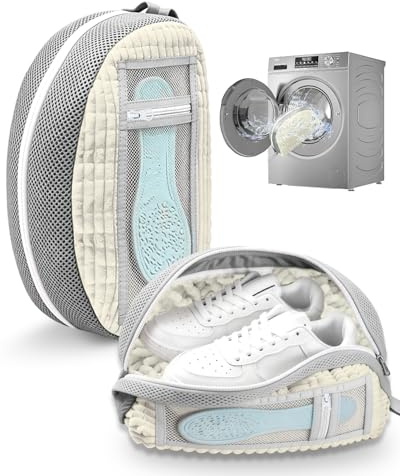 Shoe Washing Machine Bag, 2-Pack Reusable Laundry Shoe Bags for Washer & Dryer, Sneaker Cleaning Protection Bag for Tennis, Casual, Athletic Shoes, with Mesh Pocket for Insoles (Beige 2pcs)