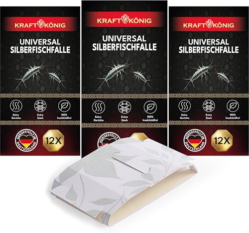 KRAFTKÖNIG Silberfischfalle 12x (3erPack) – Silberfische bekämpfen & Papierfische bekämpfen – Starke Klebefalle gegen Silberfische – Alternative zur Silberfisch Köderdose & Silberfisch Spray