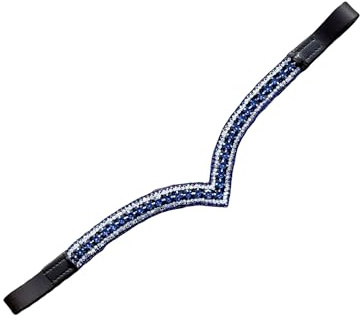 Horse Bling Browband for Bridle, V Shape, 5 Row Royal Blue and Clear Rhinestones, Black and Brown Leather, Dressage and Show Jumping (Black, Cob)