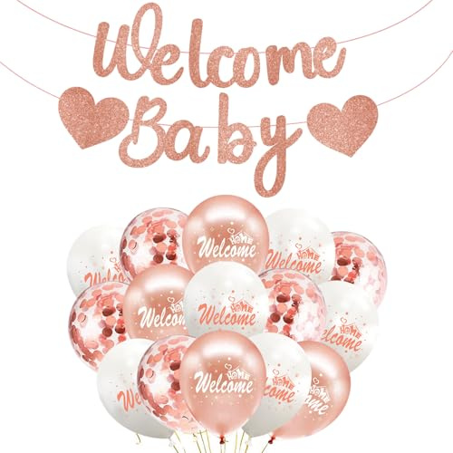 Ovanda Willkommen Zuhause Baby Deko Mädchen Rosa Welcome Home Baby Banner | Willkommen Babys Deko, Konfetti-Ballon, für Einweihungsparty, Zuhause, Geburt, Fest Dekorations