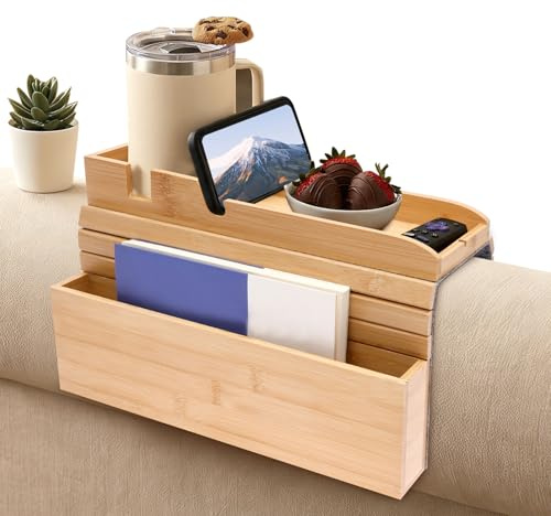 Wooden Sofa Arm Tray, Couch Armrest Table with Rubber Anti Slip Pad, Side Storage, Cable Slot and Cup Holder, Splash-Proof Couch Cup Holder Suitable for Coffee, Drinks, Phone, Remote, Snacks and Books