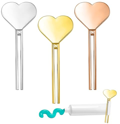 3 Pcs Metal Tube Squeezer Set, Toothpaste Squeezer Key with Heart Design - Rolling Tube Key for Toothpaste, Hand Cream, Paint & Ointment, Bathroom Accessories - Gold, Silver & Rose Gold
