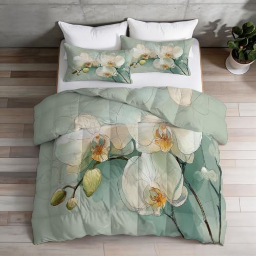 Barntäcke, 140 x 200 cm, ljusgrön blomma för flicka pojke - sängkläder för 1 person, lätt och mjukt - alla årstider, elegant vit orkidé med 2 örngott