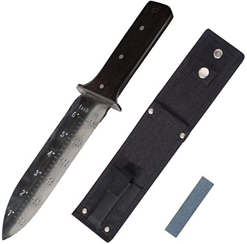 ProtectorTech Digger, coltello antiruggine, pala a mano per metal detector e per lavori di scavo in giardino (con manico di legno wenge e custodia in velluto a coste e affilacoltelli).