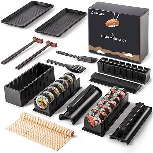 Virklyee Sushi Maker Set 17 PCS DIY Sushi Set Sushi Making Tools Principianti Facile 8 Stampi, Forchetta e Spatola,Bacchette, piatti, Un set sushi adatto agli amanti del sushi (Nero)