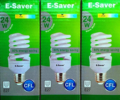 E-Saver - CFL Full Spiral - Energy Saving Light Bulbs -24w = 120 Watt - (Pack of 3) - Warm White 2700k - Screw in Cap - Screw Edison (ES - E27 Bulb)