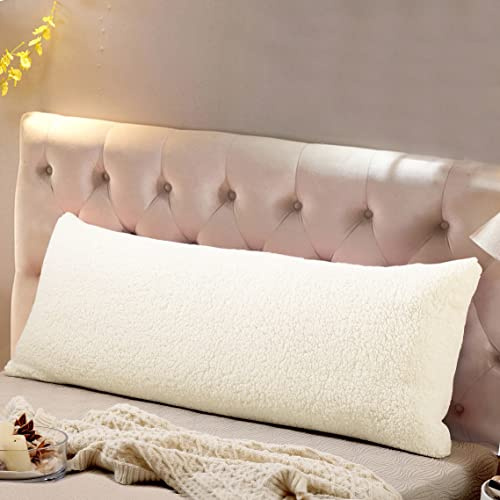 Reafort Ultra Suave Sherpa Cuerpo Almohada Cubierta/la Caja con Cierre de Cremallera Crema 21 X54