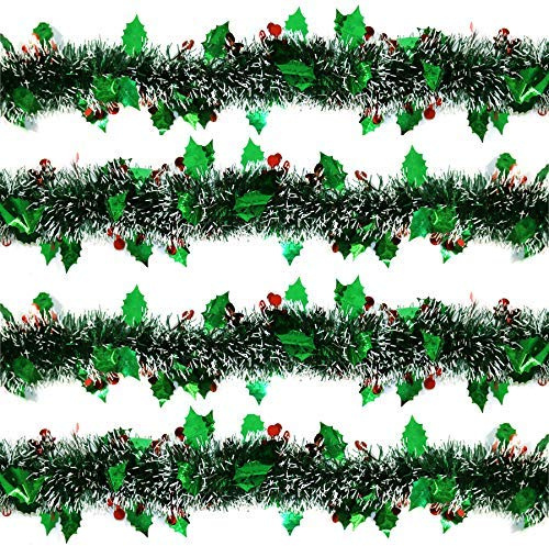 Robelli Green Holly Leaf & Berry Christmas Tree Tinsel (8 meters)