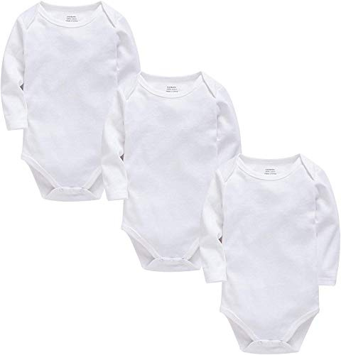 kavkas Långärmad babybodysuit för pojkar och flickor, nyfödda, bomullsvästar, undertröjor, spädbarn, enfärgad, babykläder, 3-pack (0-24 m), Vitt, 3-6 månader