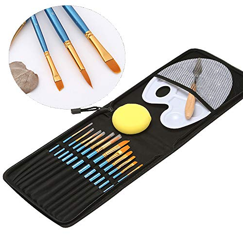 PIKOVIC Pinselset Malen Acryl Premium Künstler Pinsel Set Schule Aquarell Ölgemälde 16tlg Künstlerpinsel mit Tragetasche Mischpalette Schwamm Spachtel für Anfänger Kinder Gemälde Liebhaber
