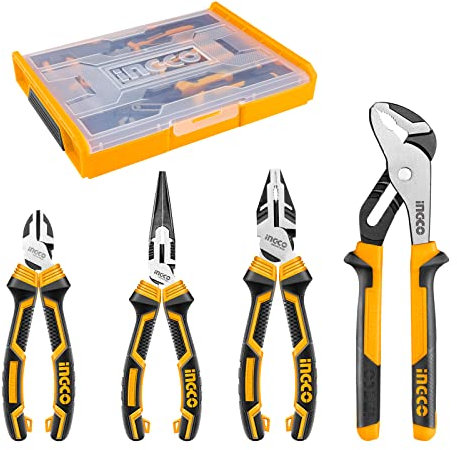 INGCO 4 Pcs Pliers Set in Stackable Box, 8 Long Nose Plier,7 Diagonal Cutting Plier, 8 Combination,10 Pump HKTV01P042