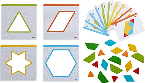 HABA Legespiel Bunte Formen: 18 Holzteile, 4 Vorlagentableaus, 10 doppelseitig Bedruckte Vorlagenkarten