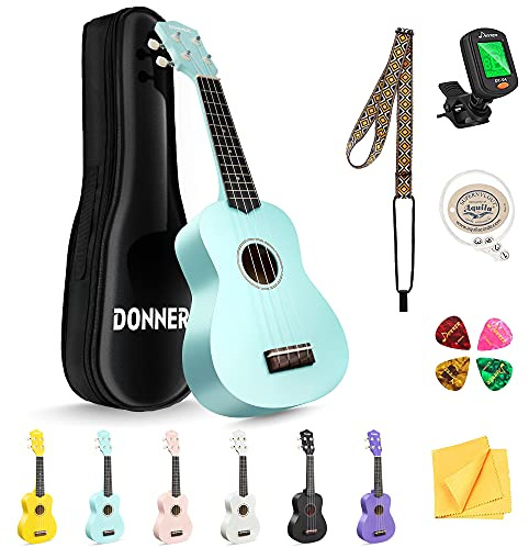 Ukelele soprano Donner 21 pulgadas para principiantes con acabado mate, kit con funda, correa, afinador, cuerdas, púas y paño de limpieza, incluye clases online gratuitas, color Azul Cian
