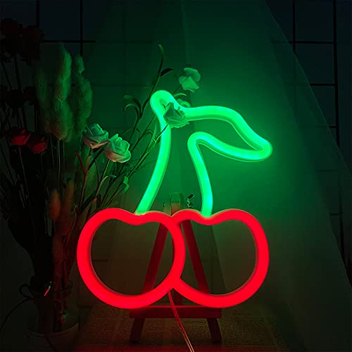 ENUOLI Cherry Neon Lights Sign Led Neon Sign with 2 Hooks USB/Battery Powered Night Light Sign Lamp for Wall Decor Neon Strip Lights Shade for Home Parties Decoration(Red&Green)