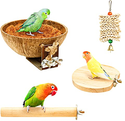 NC Vogelnest-Set aus natürlicher Kokosnuss, toller Vogelspielplatz, Vogelkäfig-Zubehör, Vogelspielzeug inklusive Sitzstangen für Vögel, Vogelsitzbrett, Vogel-Kauspielzeug für Wellensittiche, Nymphe