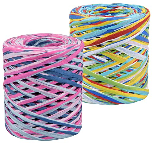 Natuce 2 Rollen Bastband, 400m Geschenkband Mehrfarbig, Papierbänder Umweltschutz, Raffia Paper Schnur für Geschenkverpackung, Weihnachtsdekoration, DIY Handwerk