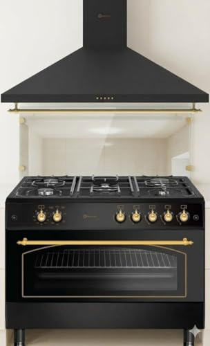 PACK 9 COCINA A GAS F9L50G2B CM HORNO PANORAMICO NEGRA RÚSTICO + CAMPANA A JUEGO DECORATIVA (negro rústico ribetes dorados)
