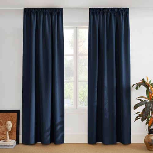 PONY DANCE Blackout Curtain, Thermal Curtain, Pencil Pleat Curtains, Ruffle Tape, Set of 2, H 260 x W 140 cm, Living Room Curtains for Rail System, Navy Blue