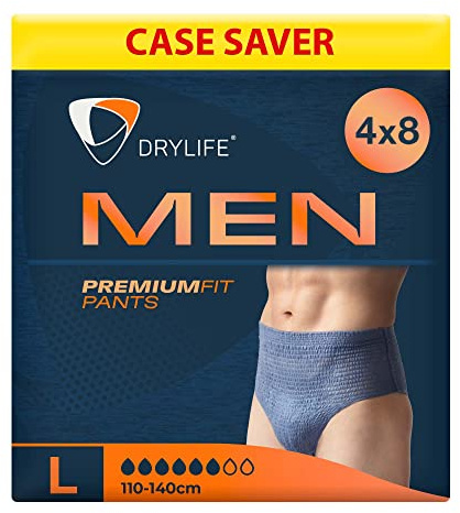 Drylife Men Premium Fit Incontinence Pants for Bladder Weakness - Fast Absorption Core, Anti-Leak Barriers, Odour Control Technology & Masculine Style - Large (Pack of 32)