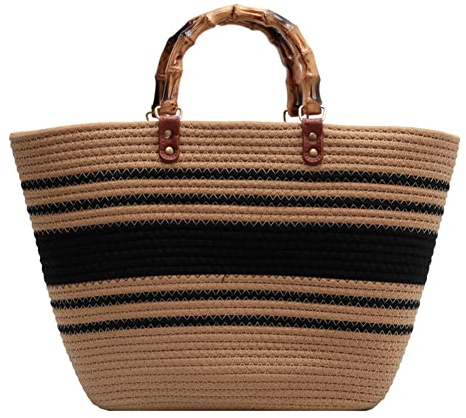 Fiorky Beach Vacation Bags Bamboo Handle Shopping Tote Bag Large Capacity Striped Casual Fashion Exquisite for Travel