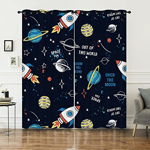 HOSIMA Himmelskörper Vorhänge Blickdicht Gardinen Mit Ösen,2-Set 140x175cm Sterne Nacht Raumschiff weiche Verdunklungsvorhänge für Wohnzimmer Kinderzimmer(Himmelskörper 140x175cm)