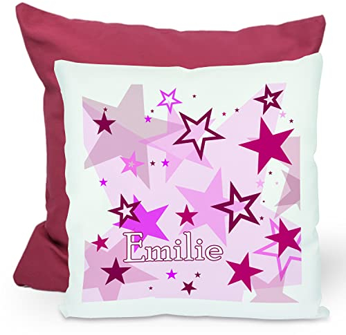 CreaDesign, Kinder Kissen 40x40 cm personalisiert mit Namen, Kinderzimmer Deko Kissen Kinder mit Füllung Federn, Motiv Sterne rosa, Rückenfarbe Lila