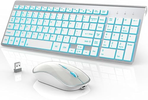 J JOYACCESS - Combo de teclado y mouse inalámbricos con 7 opciones de retroiluminación, teclas de luz silenciosa, recargable tipo C, modo de suspensión, 2.4 G, combo inalámbrico portátil para