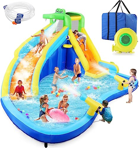 Inflatable Water Slide for Kids 8in1 Water Park 158x138x89in Waterslide Inflatables with 450W Blower+2 Cannons+Climbing Wall+Splash Pool+Crocodile Sprinkler Blow up Water Slides for Kids Backyard Fun