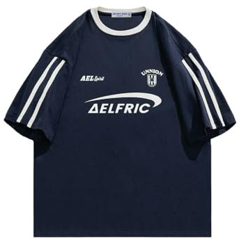 Aelfric Eden Herren Oversized Tshirt Damen Y2K T-Shirt Baggy Sommer Vintage Tee Casual Tops Oberteil mit Aufdruck Navy Blau, L