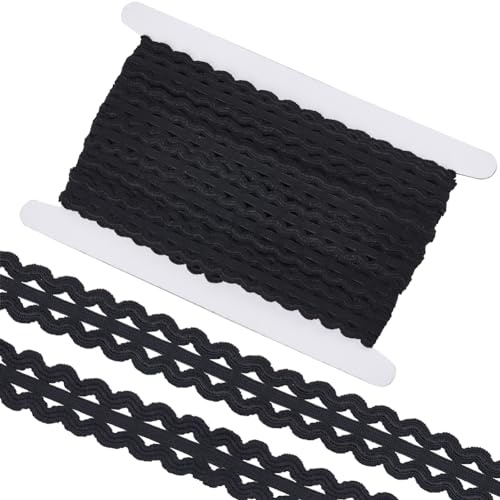 GORGECRAFT 10M RIC Rac Trim Ribbon 20mm Breit Zweireihig Wellenförmig Zum Nähen Biegefransenbesatz Schwarz Rick Rack Elastisch Gewebter Geflochtener Stoff Spitzenverzierung DIY Bekleidungszubehör