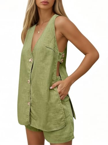 Tankaneo Sommer-Urlaubs-Outfits für Damen, Strand, Reisen, Kreuzfahrt, Resort, 2-teilig, kurze Sets, lässige Tanktops und Shorts, Grün (Army Green), XL