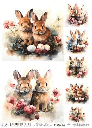 Josys Bastelmärchen Reispapier A4 Strohseide Ostern 2 Süße kleine Häschen Hasen Blumen RE6783